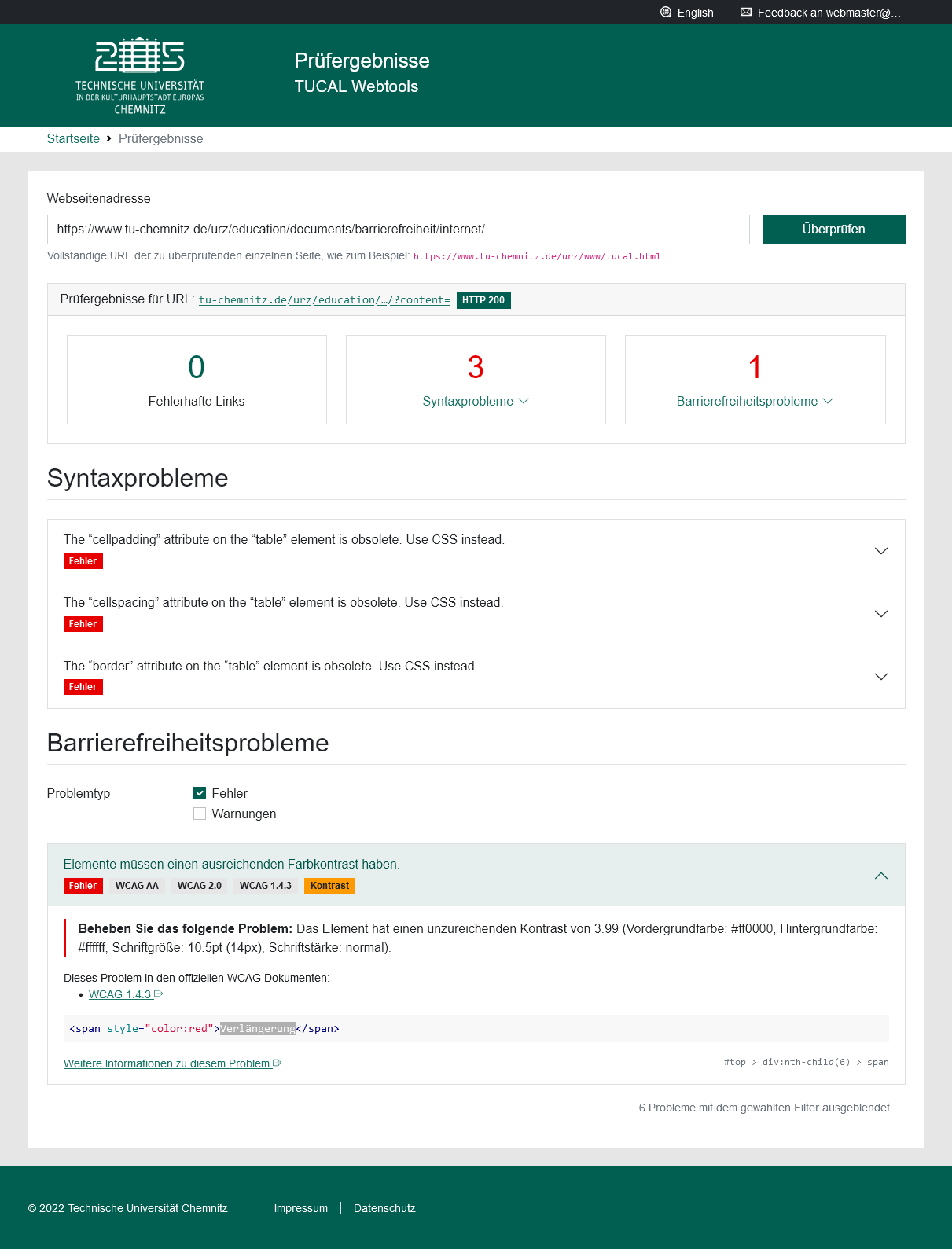 Screenshot der WebTools mit markierten Barrierefreiheitsproblemen