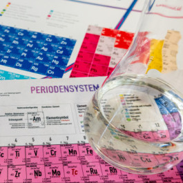 Colorful periodic table on which there is an Erlenmeyer flask filled with a colorless liquid