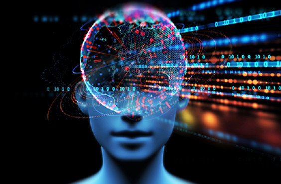 Menschlicher Kopf mit digitalen Datenströmen im Hintergrund