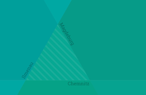 Grafisches Dreieck mit den Städtenamen Chemnitz, Ilmenau und Magdeburg an den Seiten