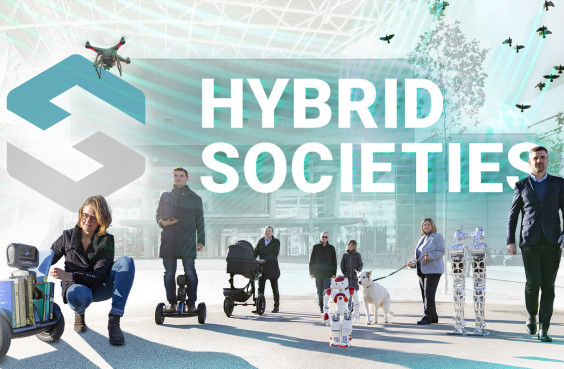 Logo von Hybrid Societies und Menschen mit Robotern im öffentlichen Raum