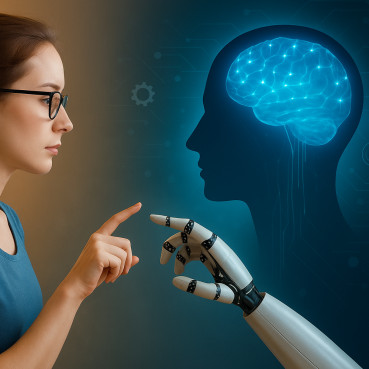 Frau berührt mit dem Finger eine Roboterhand, im Hintergrund ein digitales Gehirn