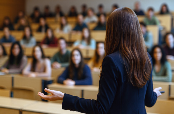 Dozentin im Hörsaal voller Studierender