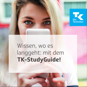 Ein junge Frau verwendet ein Smartphone, ein Text verweist auf das Angebot des "TK-StudyGuide".