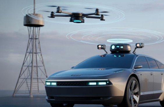 A sending tower, a drone and a car symbolizing wireless communication