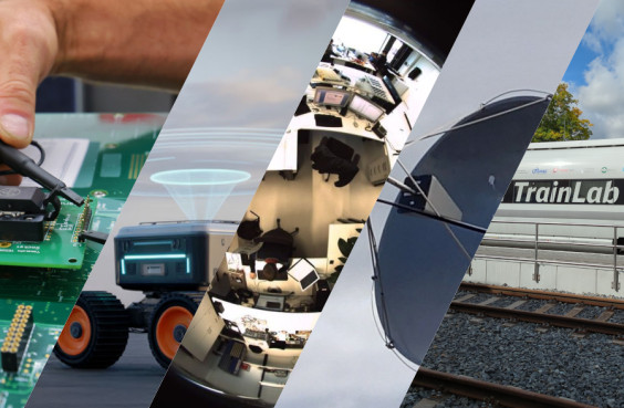 Collage mit Schaltkreis, funkendem Auto, Stereovision-Bild, Parabalantenne und einem Forschungs-ICE