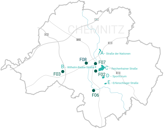 Karte mit Markierungen der Anmietungen in Chemnitz