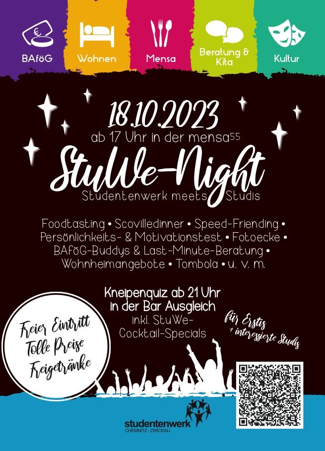 Flyer für die Stuwe-Night am 18.10.2023 ab 17 Uhr in der mensa55