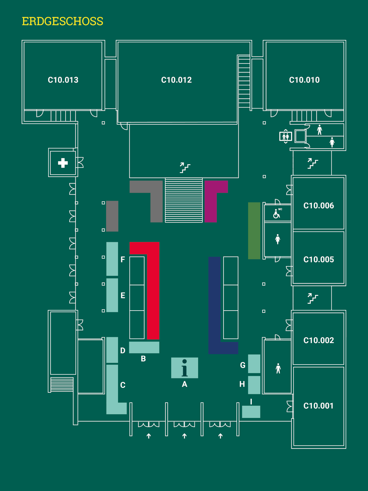 Eine 2D-Karte des Erdgeschoss des Veranstaltungsgebäude zum Tag der offenen Tür in der Reichenhainer Straße 90 mit Lage der Vortragsräume C10.001 bis C10.013
