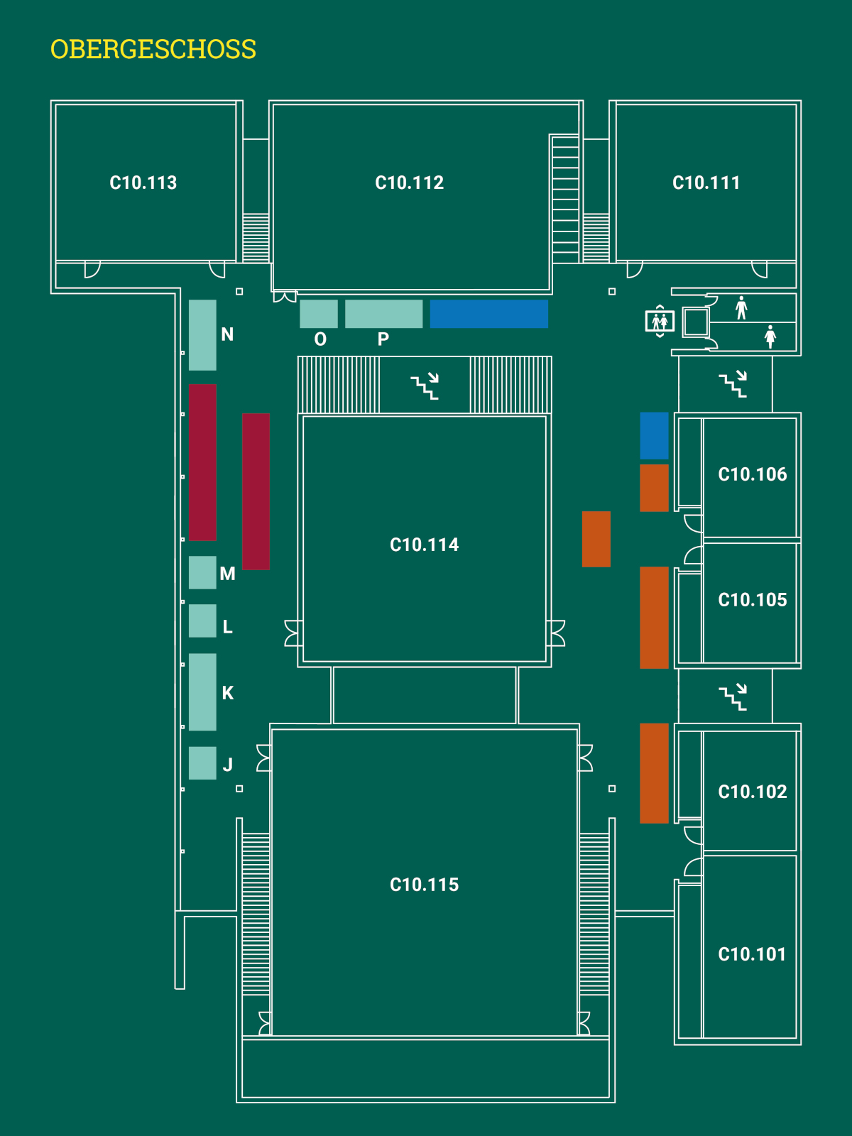 Eine 2D-Karte des Obergeschoss des Veranstaltungsgebäude zum Tag der offenen Tür in der Reichenhainer Straße 90 mit Lage der Vortragsräume C10.101 bis C10.115