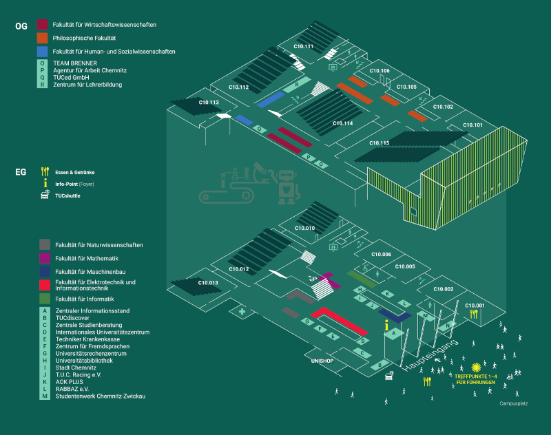 Eine Karte des Veranstaltungsgebäude zum TUCtag in der Reichenhainer Straße 90 mit Lage der Vortragsräume C10.001 bis C10.115 und den Ausstellern