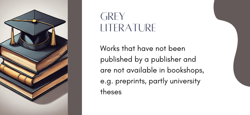 Grey literature (works that have not been published by a publisher and are not available in bookshops, e.g. preprints, partly university theses)