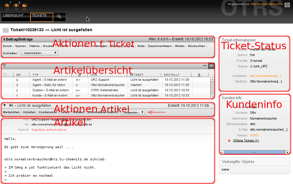 Bildschirmfoto Ticket-Ansicht - Elemente in der Ticket-Ansicht