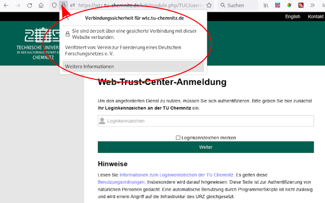 certificate information in the web browser
