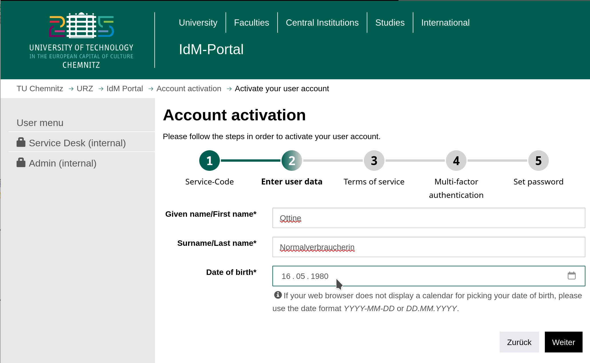 second activation step: entering user data