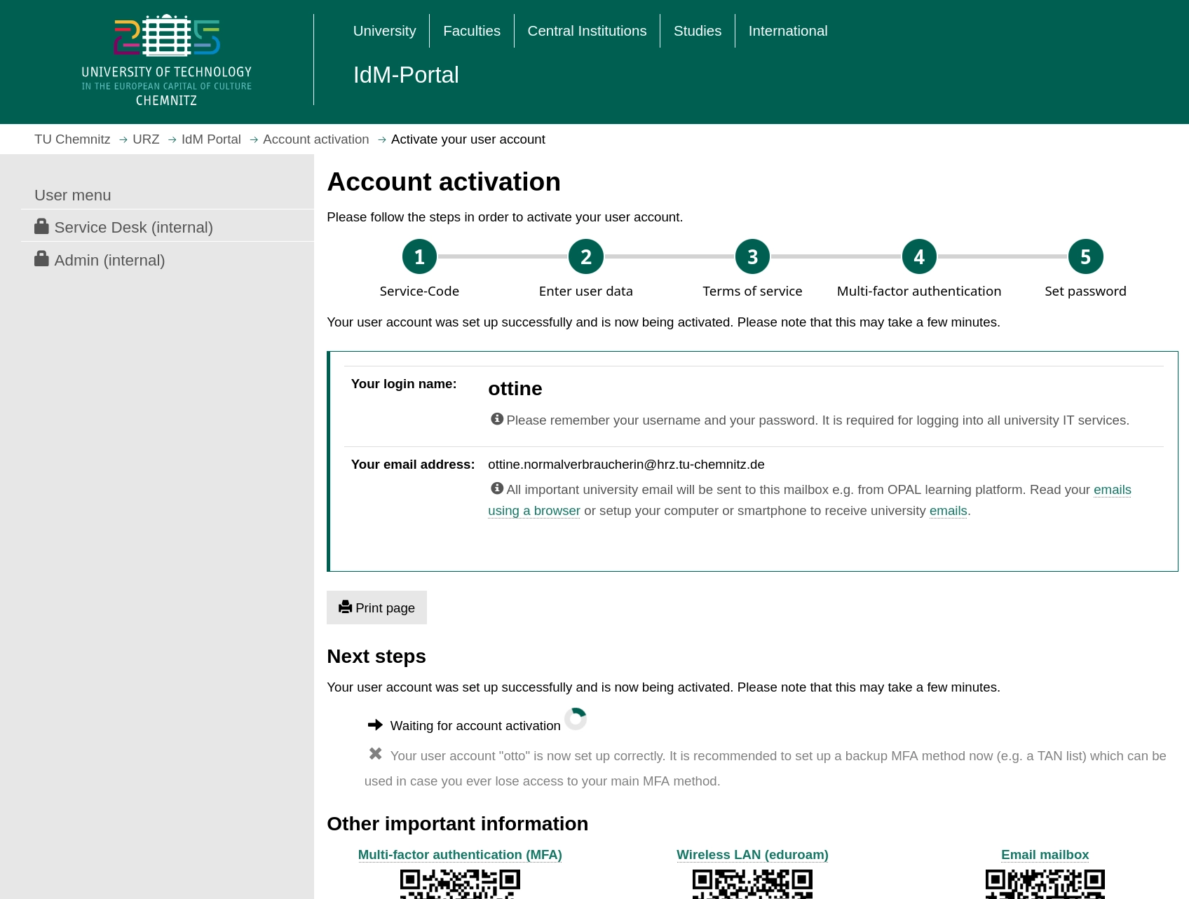 last step of account activation, user name