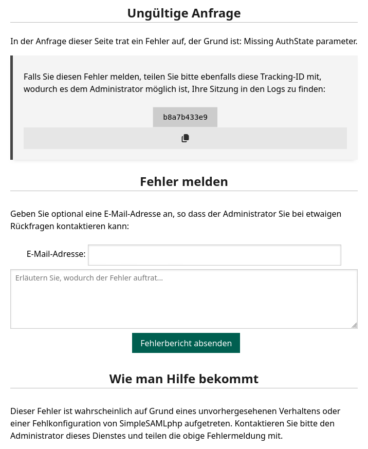 Beispiel-Fehlermeldung: „Ungültige Anfrage“ mit Formular zum Fehler melden