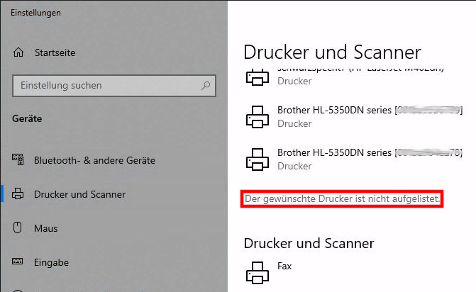 Screenshot Windows: Druckerliste