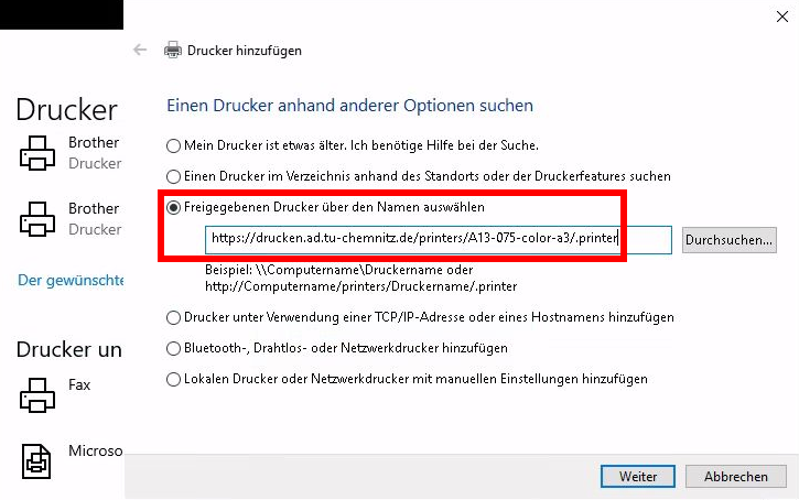 Screenshot Windows: Druckerauswahl