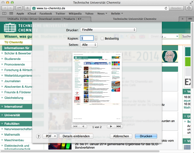 Screenshot MAC OSX: Druckerauswahl