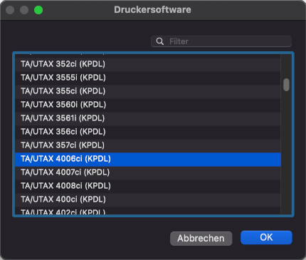 Screenshot MAC OSX: Treiber Modellauswahl