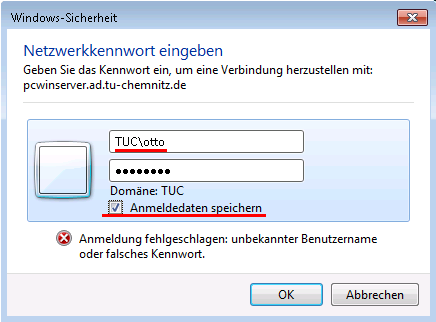 Screenshot Windows: Anmeldedaten