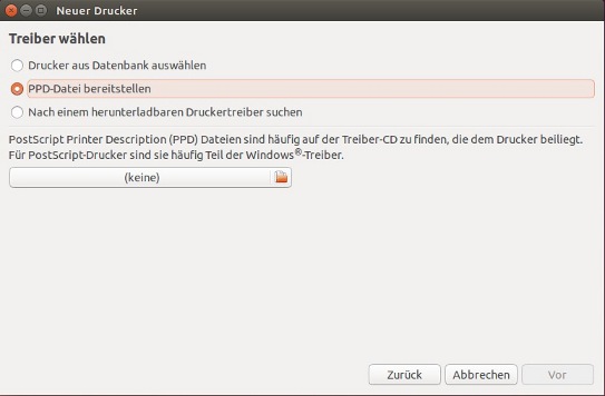 Screenshot Linux/Ubuntu: Treiberauswahl