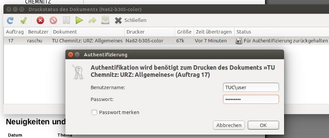 Screenshot Linux/Ubuntu: Login und Druckfreigabe