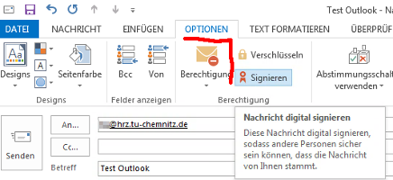Tab Optionen im Outlook, Signieren ausgewählt