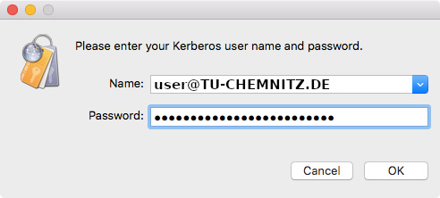Eingabe von URZ-Nutzerkennzeichen inklusive @TU-CHEMNITZ.DE und Passwort