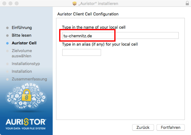 Bildschirmfoto: Schritt zur Konfiguration der AuriStor-Zelle im Installationsassistenten