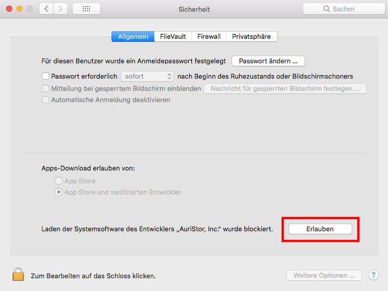 Bildschirmfoto: Erlaube die Ausführung des AuriStor-Installers in den MacOS-Systemeinstellungen