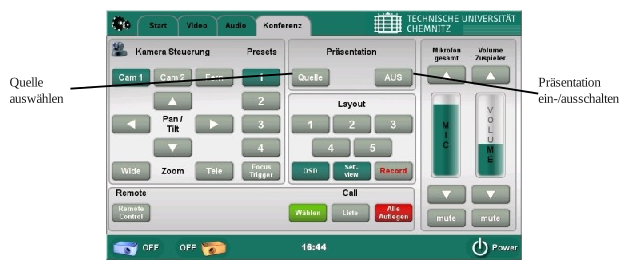 Screenshot Steuerungspanel im Hörsaal N012, Bereich Konferenz: Zuordnung von Main und Präsentationsquelle
