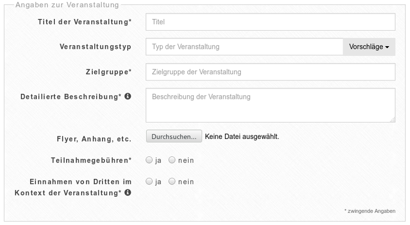 Section of a form with information icons at individual input fields