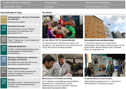 Ausschnitt aus dem Startbildschirm der TU-Webseite mit Teaserbildern zu Nachrichten