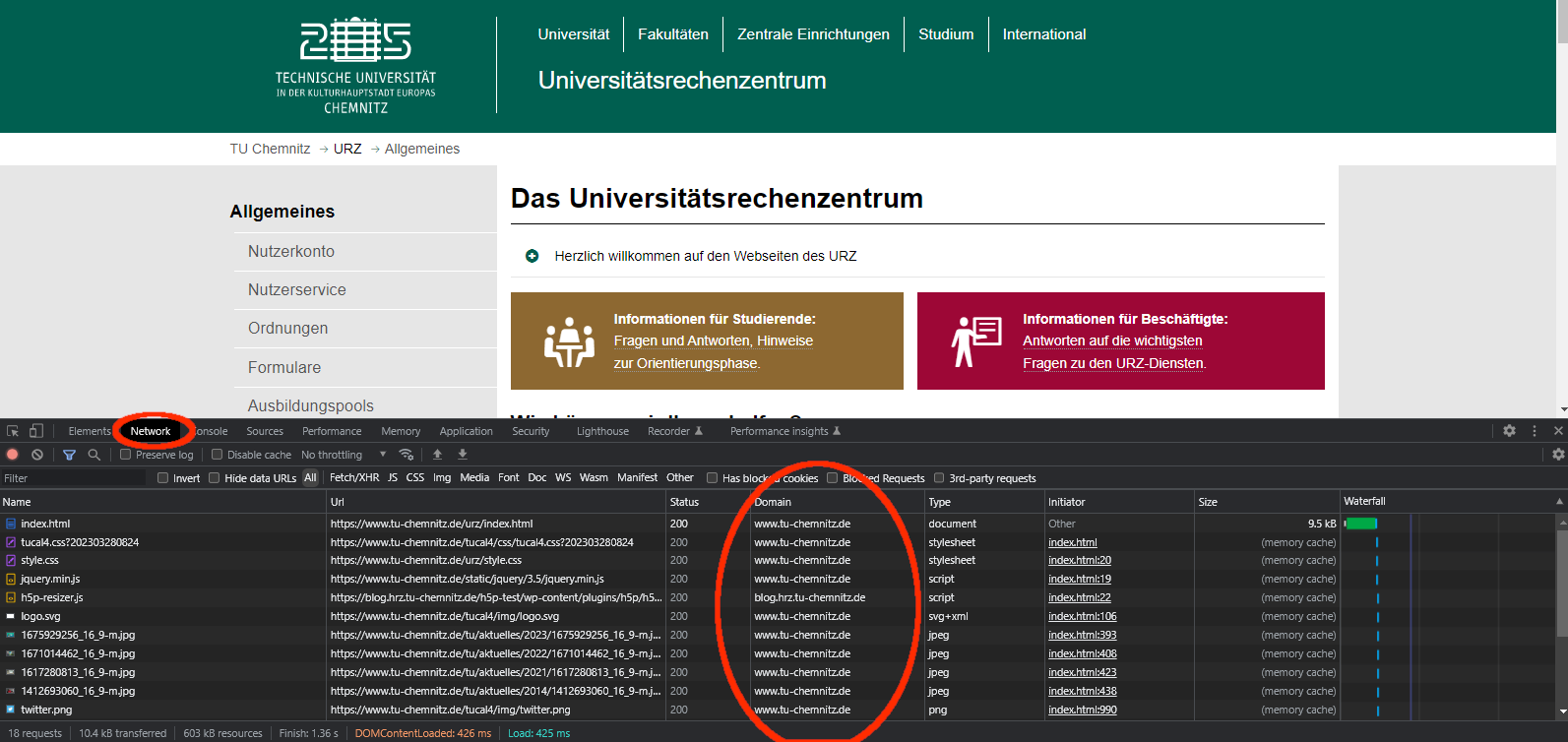 Screenshot Web- developer tools showing only TU Chemnitz network requests