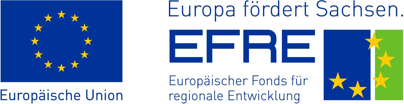 Europaflagge, Logo Europa fördert Sachsen, EFRE Europäischer Fond für regionale Entwicklung