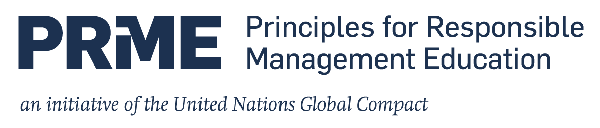 Logo der Initiative Principles for Responsible Management Education (PRME) der Vereinten Nationen (UN)            Dunkelblaue Großbuchstaben PRME. Darunter: 'an initiative of the United Nations Global Compact' in kursiver dunkelblauer Schrift.