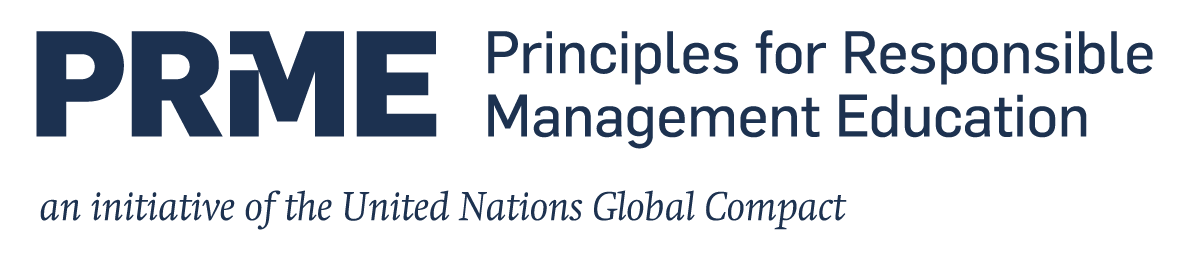 Initiative Principles for Responsible Management Education (PRME) der Vereinten Nationen (UN) Logo der Initiative Principles for Responsible Management Education (PRME) der Vereinten Nationen (UN) Dunkelblaue Großbuchstaben PRME. Darunter: 'an initiative of the United Nations Global Compact' in kursiver dunkelblauer Schrift.