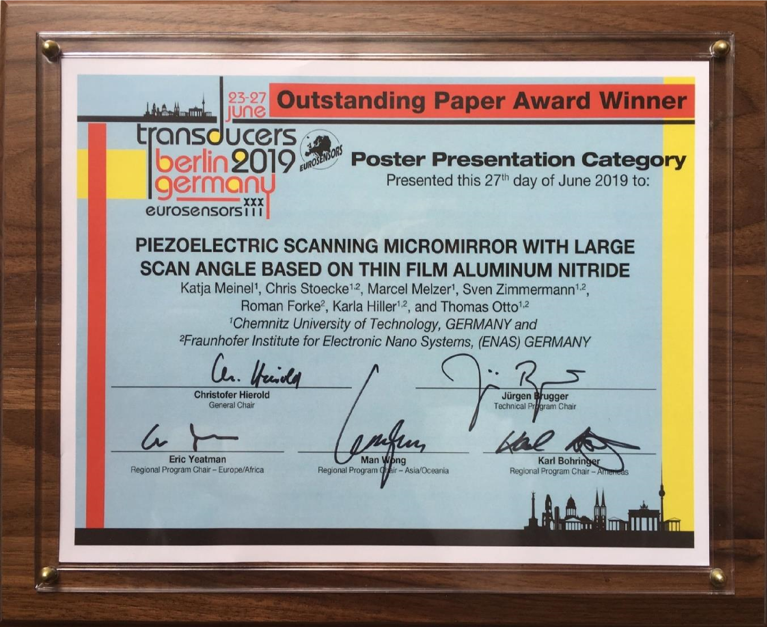 Bild Outstanding Paper Award Winner auf der Transducer 2019