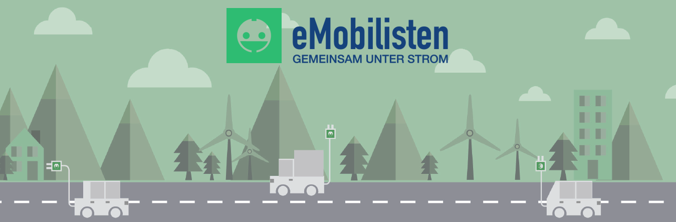 eMobilisten-Logo und stilisierte Straße mit Elektroautos