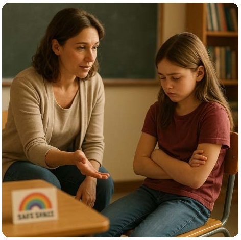 Kind mit traurigem Blick und Lehrerin