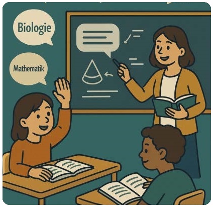 Lehrer und Schüler vor einer Tafel