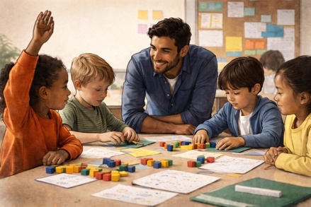 Ein KI Bild mit Lehrer und Kindern
