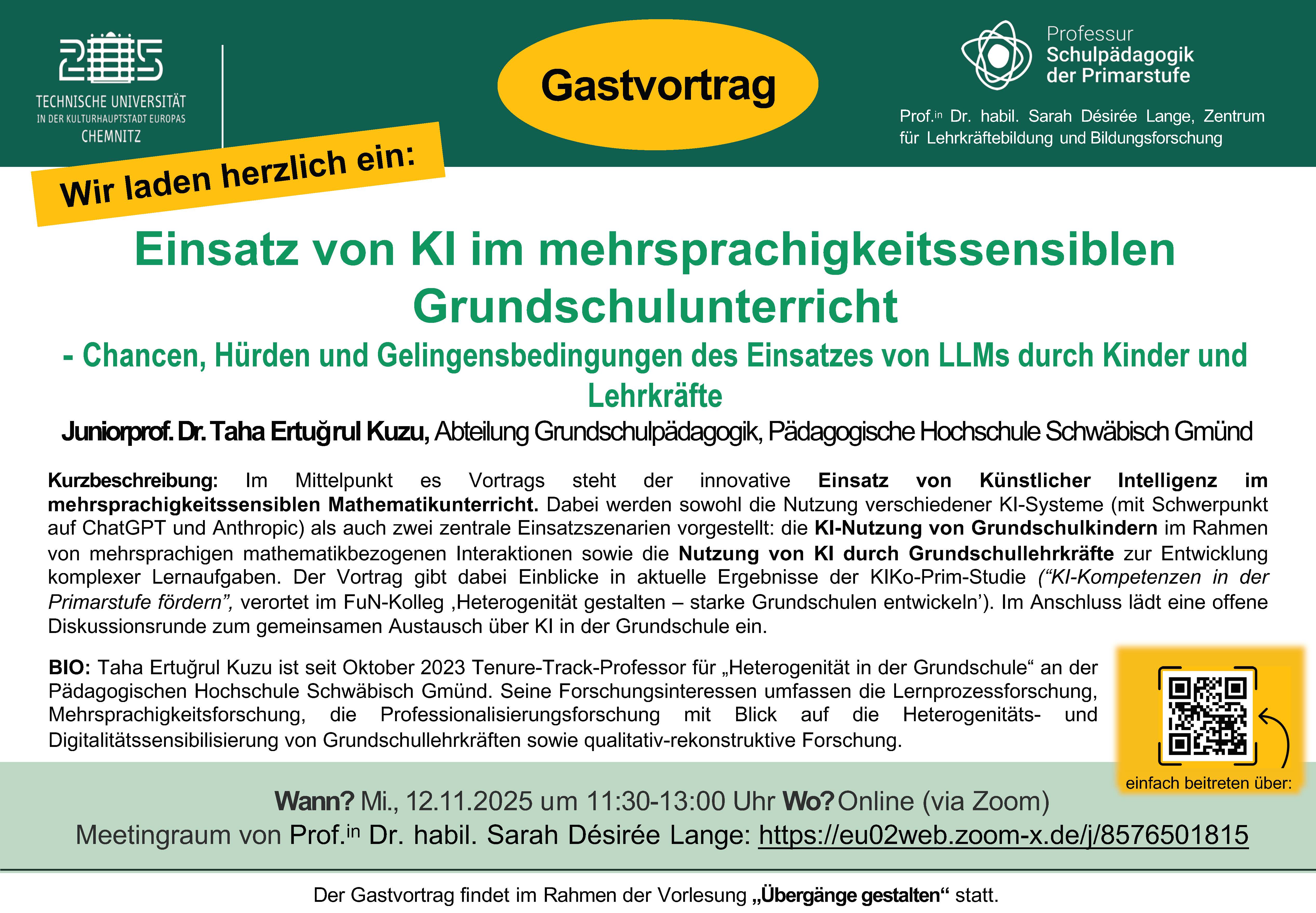 Poster zum Gastvortrag Einsatz von Ki im mehrsprachigem Grundschulunterricht. Folgen Sie dem Link für eine PDF